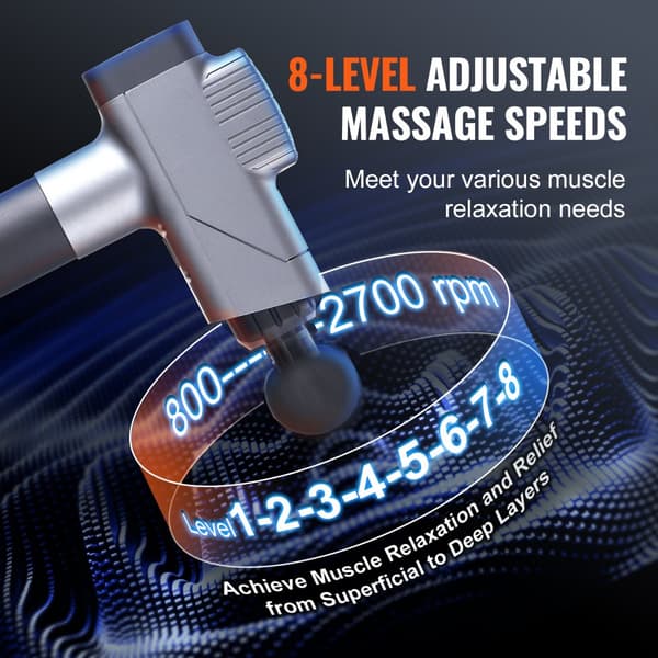 Massagepistol til dybdegående muskelmassage, 8 hastigheder, 6 hoveder, effektiv percussion teknologi