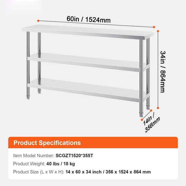 Ruostumattomasta teräksestä valmistettu kaupallinen ruokapöytä, 14"x60", kestävä keittiön työpöytä