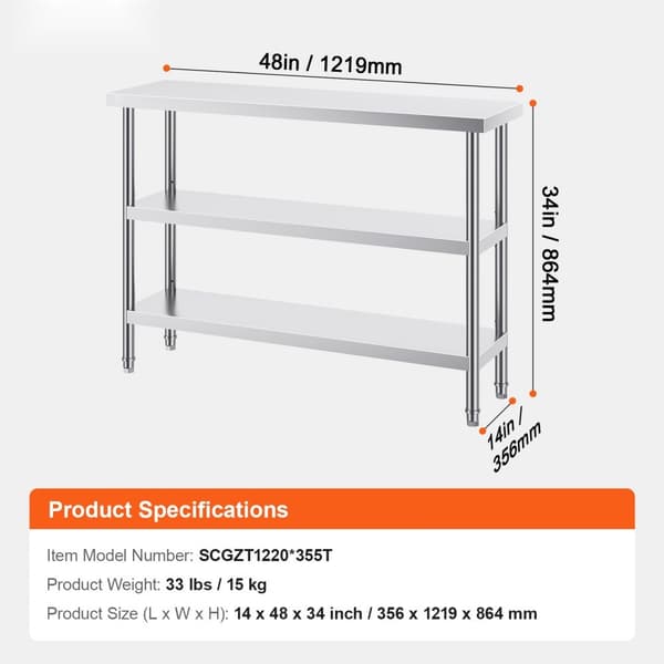 Ruostumattomasta teräksestä valmistettu kaupallinen keittiön ruokapöytä, 14"x48", kestävä ja helppo puhdistaa