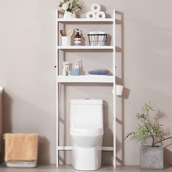 WC:n yläpuolella säilytystilaa säästävä 3-kerroksinen kylpyhuonehylly, tilavan säilytyksen ratkaisu, käytännöllinen ja tyylikäs design