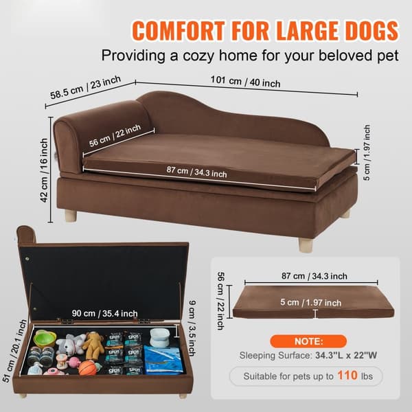 Hundesofa til store hunde og katte, blød fløjlsagtig 110 lbs belastning, mørkebrun, komfortabelt kæledyrsmøbel