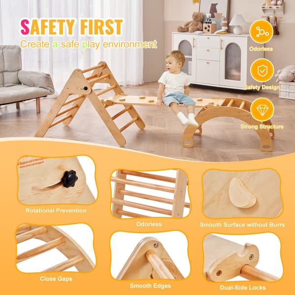 Pikler Triangel Set 5-i-1, Montessori Klätterleksaker för Småbarn, Stort Trä, Stabil och Säker Lek
