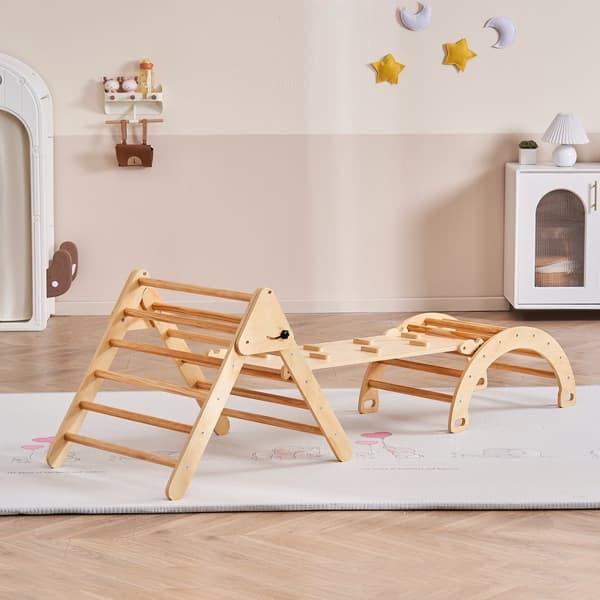 Pikler Triangel Set 5-i-1, Montessori Klätterleksaker för Småbarn, Stort Trä, Stabil och Säker Lek