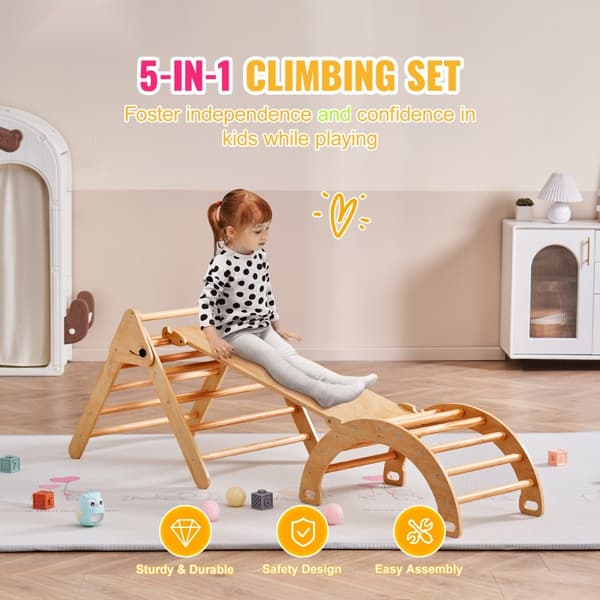 Pikler Triangel Set 5-i-1, Montessori Klätterleksaker för Småbarn, Stort Trä, Stabil och Säker Lek