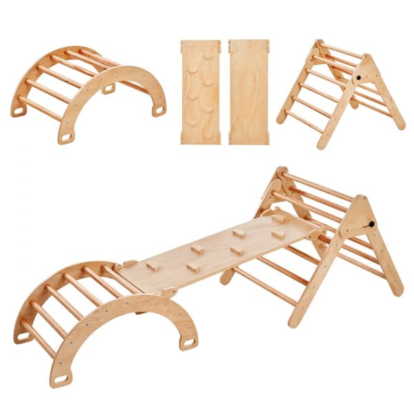 Pikler Triangel Set 5-i-1, Montessori Klätterleksaker för Småbarn, Stort Trä, Stabil och Säker Lek