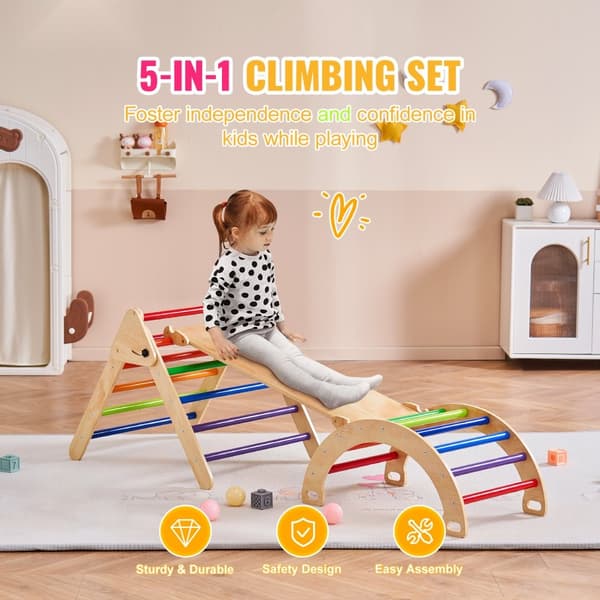 Pikler-triangeli-setti 5-in-1, Montessori kiipeilylelut taaperoille, iso ja värikäs, kehittävä leikki