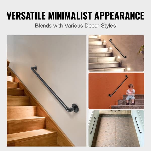 Pipe Trappe Gelænder 2 FT Kulstofstål, Vægmontering, Robust Design, Sikkerhedsgelænder