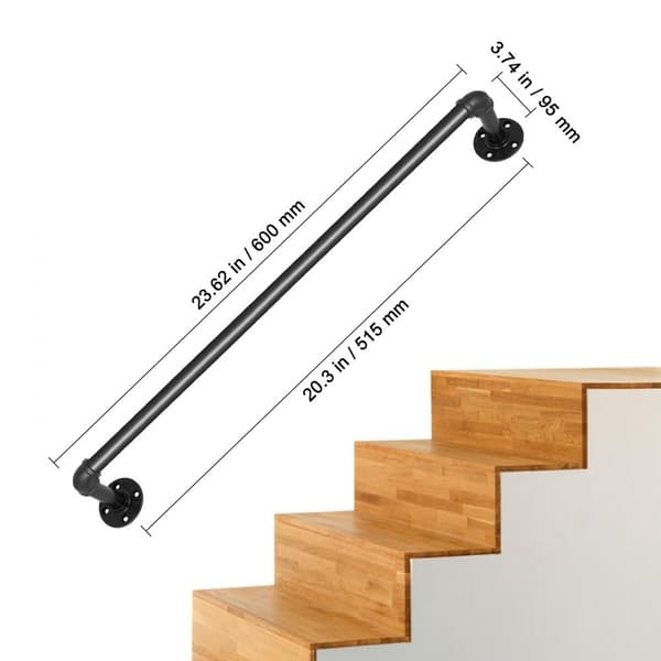 Pipe Trappe Gelænder 2 FT Kulstofstål, Vægmontering, Robust Design, Sikkerhedsgelænder