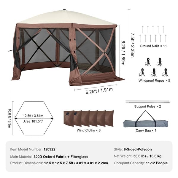 Pop Up Gazebo Teltta, 6-puolinen Aurinkosuoja, Helppo Koota, Kestävää Materiaalia, Ruskea Katoksellinen Teltta