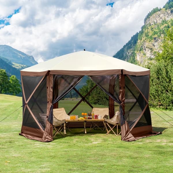 Pop Up Gazebo Teltta, 6-puolinen Aurinkosuoja, Helppo Koota, Kestävää Materiaalia, Ruskea Katoksellinen Teltta