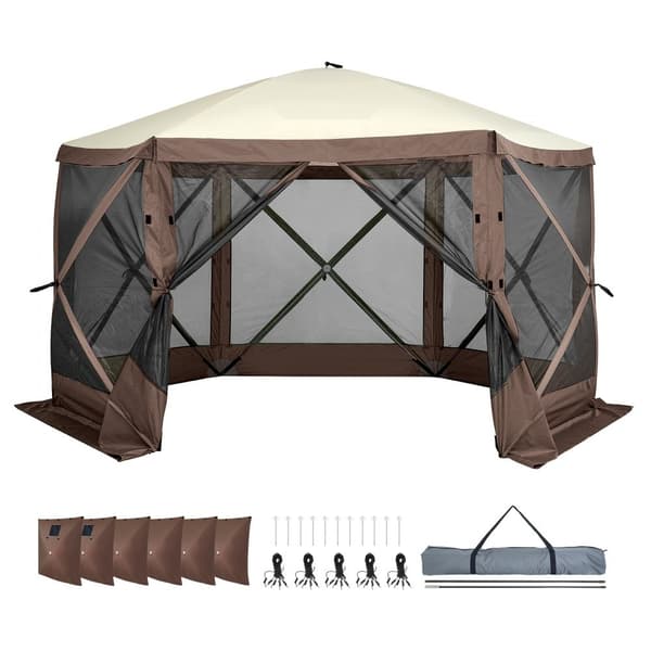 Pop Up Gazebo Teltta, 6-puolinen Aurinkosuojakatto, Pop-Up Screen, Ruskea, Helppo Kokoontaa ja Purkaa