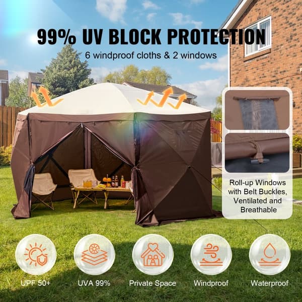 Pop Up Gazebo Teltta, 6-puolinen Aurinkosuojakatto, Pop-Up Screen, Ruskea, Helppo Kokoontaa ja Purkaa
