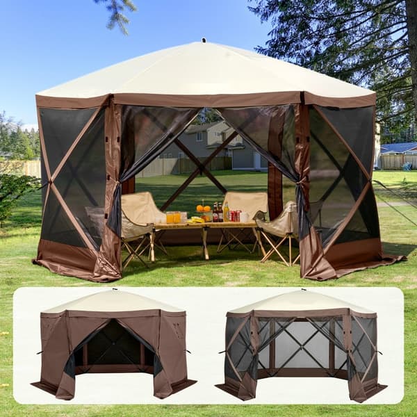 Pop Up Gazebo Teltta, 6-puolinen Aurinkosuojakatto, Pop-Up Screen, Ruskea, Helppo Kokoontaa ja Purkaa