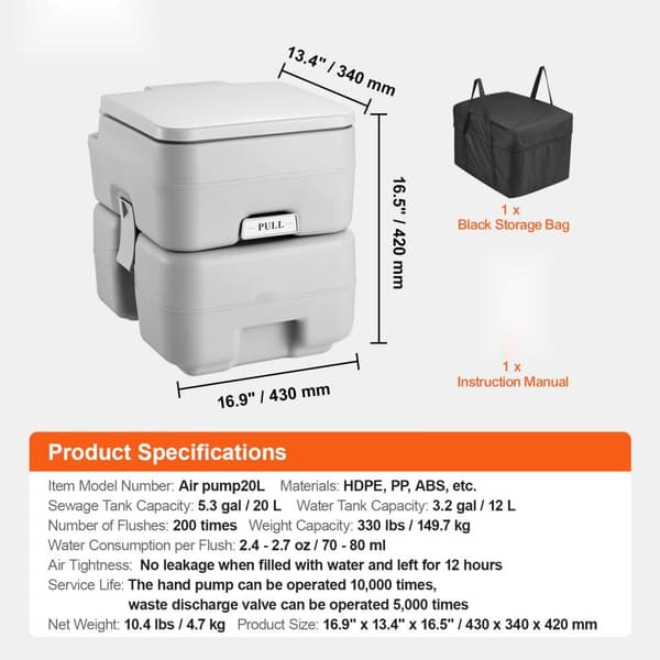 Transportabel toiletspand, 5,3 gal, campering, med bæretaske, nem skyllefunktion, rejsetoilet