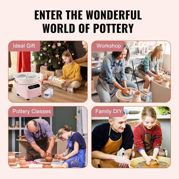 Pottemagerhjul 10 tommer, keramisk hjul, fodpedal, touch skærm, forklæde, 350W, pink