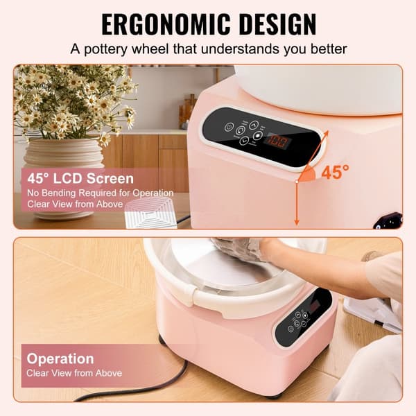 Pottemagerhjul 10 tommer, keramisk hjul, fodpedal, touch skærm, forklæde, 350W, pink