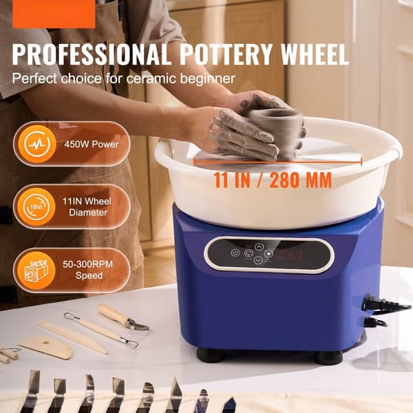 Pottery Wheel 11 tommer, keramisk hjul, fodpedal, touchskærm, 450W, blå, ideel til keramikarbejde