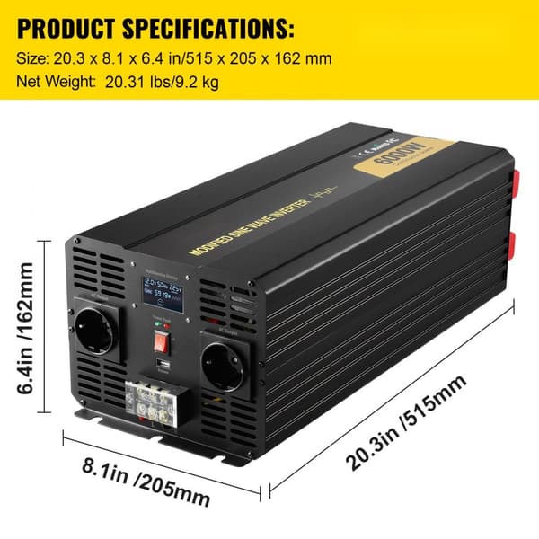 Modificeret Sine Wave Strømomformer 6000W DC 12V til AC 230V med LCD-display, Effektiv Energikonvertering