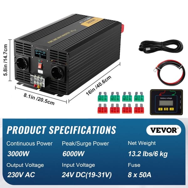 Ren sinus bølge inverter 3000W DC24V til AC230V, LCD power inverter, effektiv strømkilde
