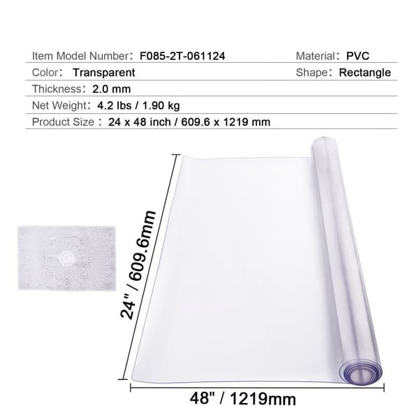 PVC-pöytäsuoja 24x48 tuumaa, kirkas muovi, paksuus 2,0 mm, kestävä pöytäsuoja