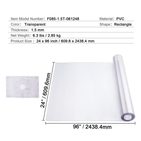PVC pöytäsuoja 24x96 tuumaa, kirkas muovi, 1,5 mm paksuus, kestävä ja helppohoitoinen