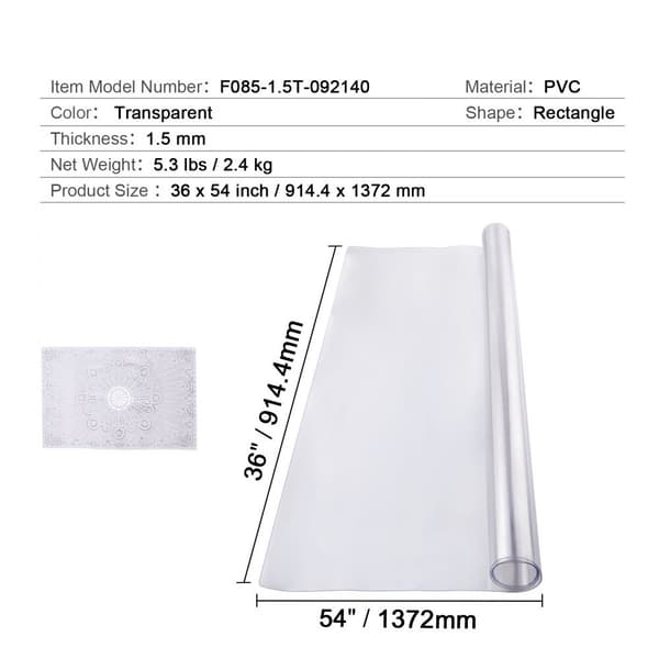 PVC bordbeskytter 36x54 tommer klar plastik, 1,5 mm tyk, holdbar skrivebordsbeskytter