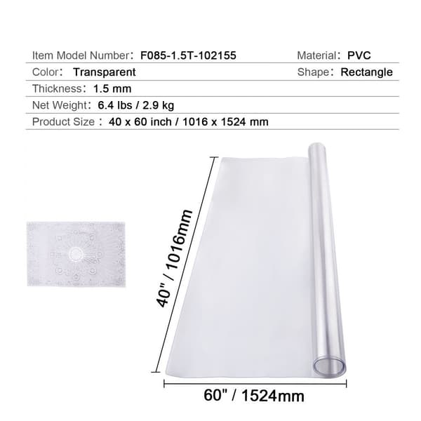 PVC bordbeskytter 40x60 tommer, klar plast, 1,5 mm tykkelse, slidstærk bordbeskytter