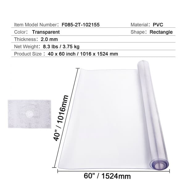 PVC pöytäsuoja 40x60 cm, kirkas muovinen, 2,0 mm paksu, kestävä pöytäsuoja