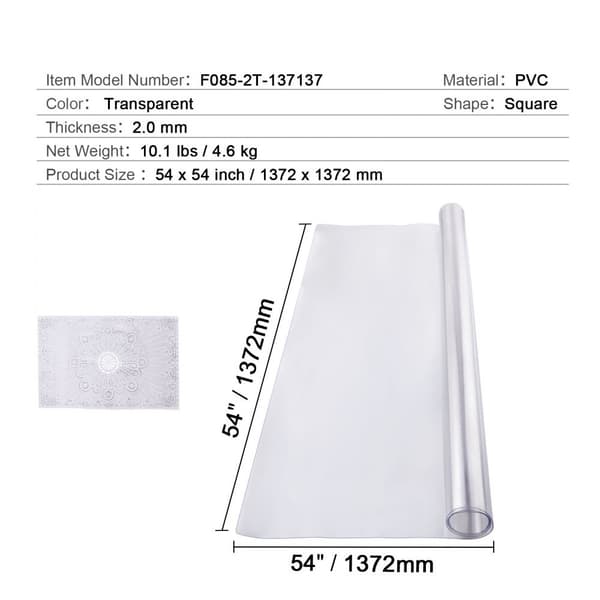 PVC-pöytäsuoja 54x54 tuumaa, kirkas muovi, 2,0 mm paksu, kestävä ja suojaava pöydälle