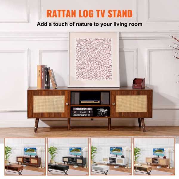 Rattan TV Stand 65", Boho TV Stand med indbygget fatning, Valnød, moderne design, pladsbesparende løsning
