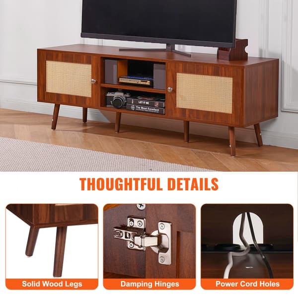 Rattan TV Stand 65", Boho TV Stand med indbygget fatning, Valnød, moderne design, pladsbesparende løsning