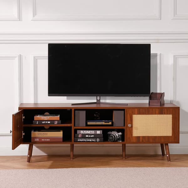 Rattan TV Stand 65", Boho TV Stand med indbygget fatning, Valnød, moderne design, pladsbesparende løsning