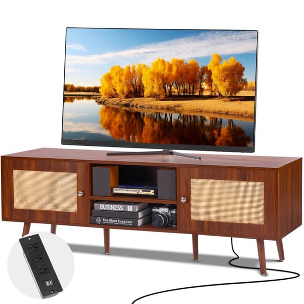 Rattan TV Stand 65", Boho TV Stand med indbygget fatning, Valnød, moderne design, pladsbesparende løsning