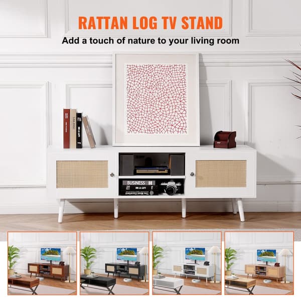 Rattan TV Stand 65", Boho TV Stand med Indbygget Stik, Hvid, Modern Design, Holdbar Kvalitet