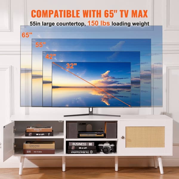Rattan TV Stand 65", Boho TV Stand med Indbygget Stik, Hvid, Modern Design, Holdbar Kvalitet