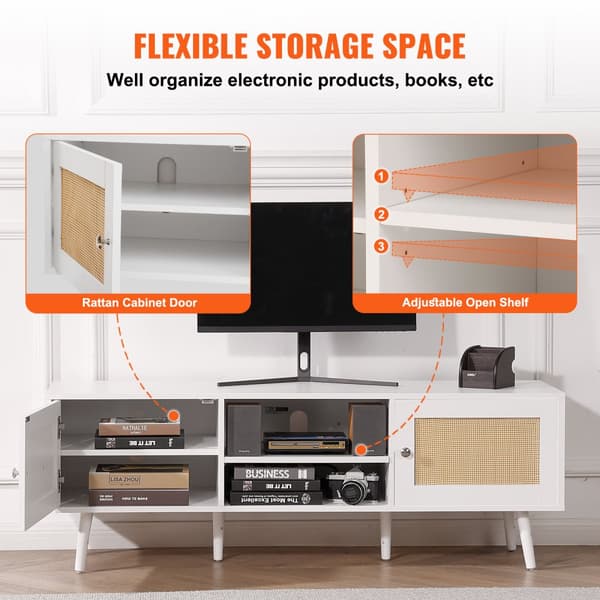 Rattan TV Stand 65", Boho TV Stand med Indbygget Stik, Hvid, Modern Design, Holdbar Kvalitet