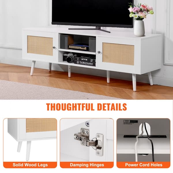 Rattan TV Stand 65", Boho TV Stand med Indbygget Stik, Hvid, Modern Design, Holdbar Kvalitet