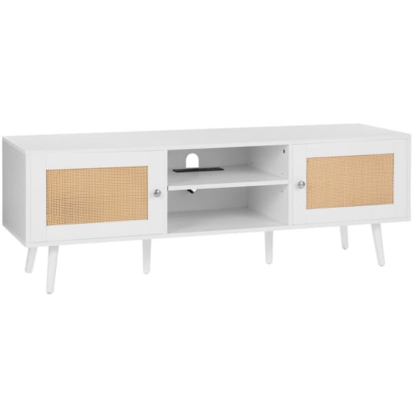 Rattan TV Stand 65", Boho TV Stand med Indbygget Stik, Hvid, Modern Design, Holdbar Kvalitet