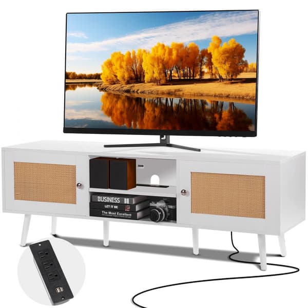 Rattanställ för 65" TV, Boho stil med inbyggt uttag, Vit färg, mångsidig och modern