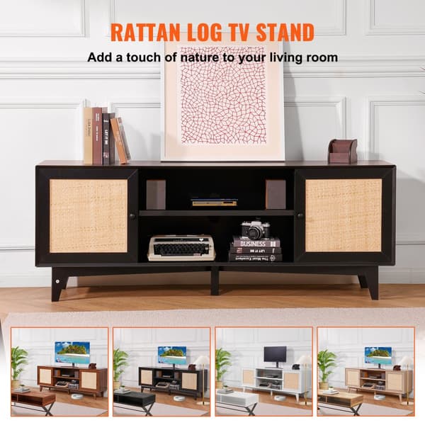 Rattan TV-stander til 75" TV, Boho TV-stander med indbygget stik, sort, moderne opbevaring