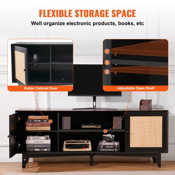 Rattan TV-stander til 75" TV, Boho TV-stander med indbygget stik, sort, moderne opbevaring