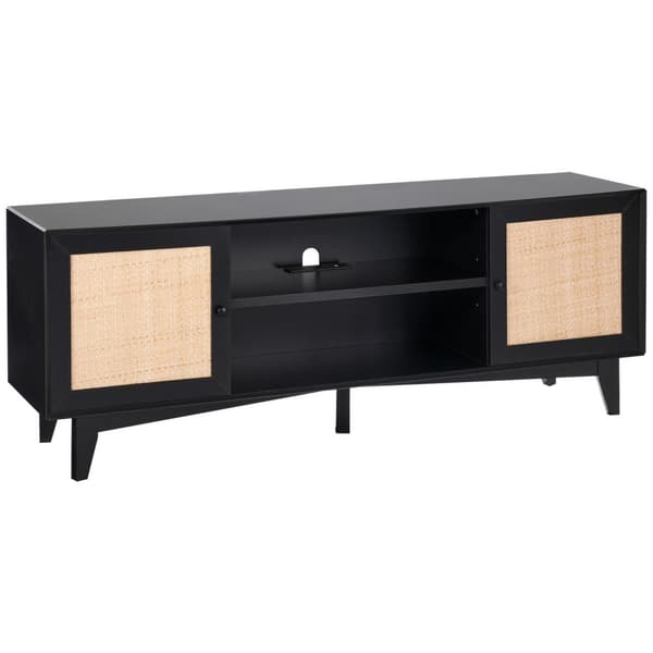 Rattan TV-stander til 75" TV, Boho TV-stander med indbygget stik, sort, moderne opbevaring