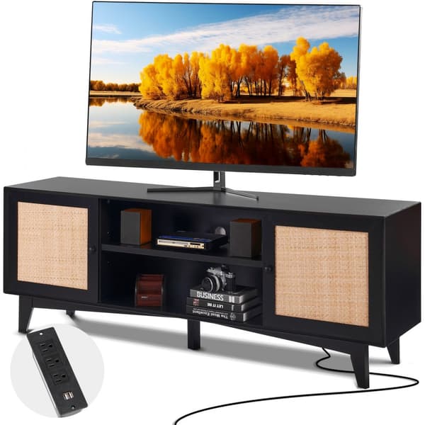 Rattan TV-stander til 75" TV, Boho TV-stander med indbygget stik, sort, moderne opbevaring