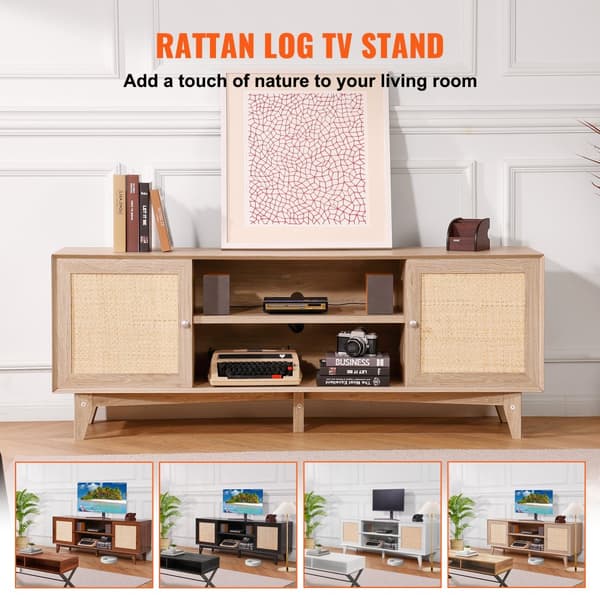 Rattan-TV-Stander 191 cm, Boho-TV-Skab, Eiche, Stort TV-Stativ, Tv-æske med opbevaring