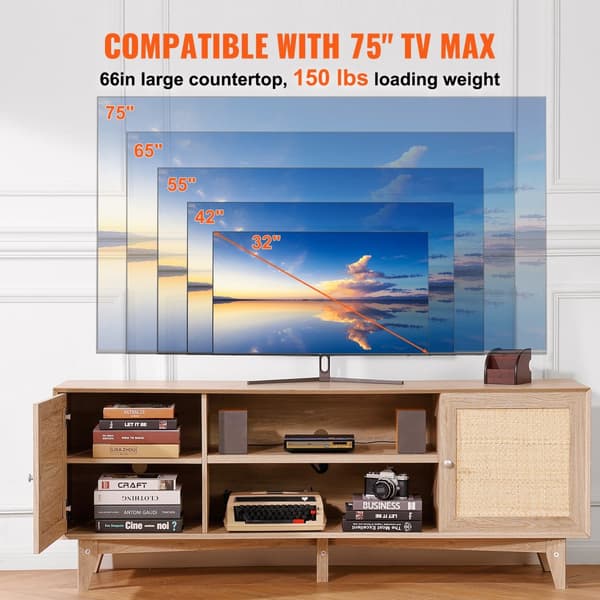 Rattan-TV-Stander 191 cm, Boho-TV-Skab, Eiche, Stort TV-Stativ, Tv-æske med opbevaring
