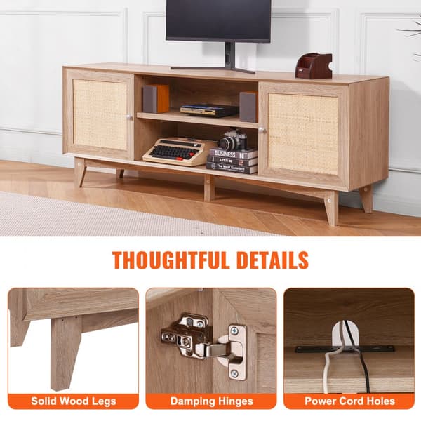 Rattan-TV-Stander 191 cm, Boho-TV-Skab, Eiche, Stort TV-Stativ, Tv-æske med opbevaring