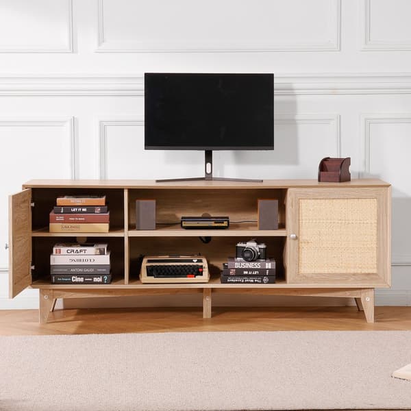 Rattan-TV-Stander 191 cm, Boho-TV-Skab, Eiche, Stort TV-Stativ, Tv-æske med opbevaring