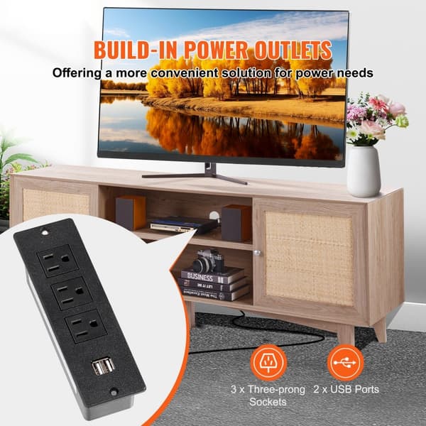 Rattan-TV-Stander 191 cm, Boho-TV-Skab, Eiche, Stort TV-Stativ, Tv-æske med opbevaring