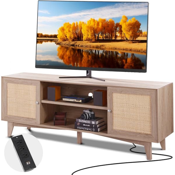 Rattan-TV-Stander 191 cm, Boho-TV-Skab, Eiche, Stort TV-Stativ, Tv-æske med opbevaring