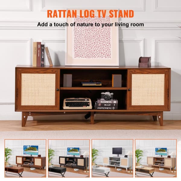 Rattan-TV-Ställ 191 cm, Boho-TV-Skåp, TV-Möbel i valnöt, stilren förvaring